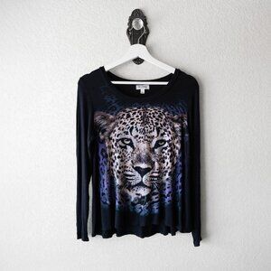 Olsenboye Leopard Graphic Long Sleeve Top | Size S | Black Animal Print Shirt
